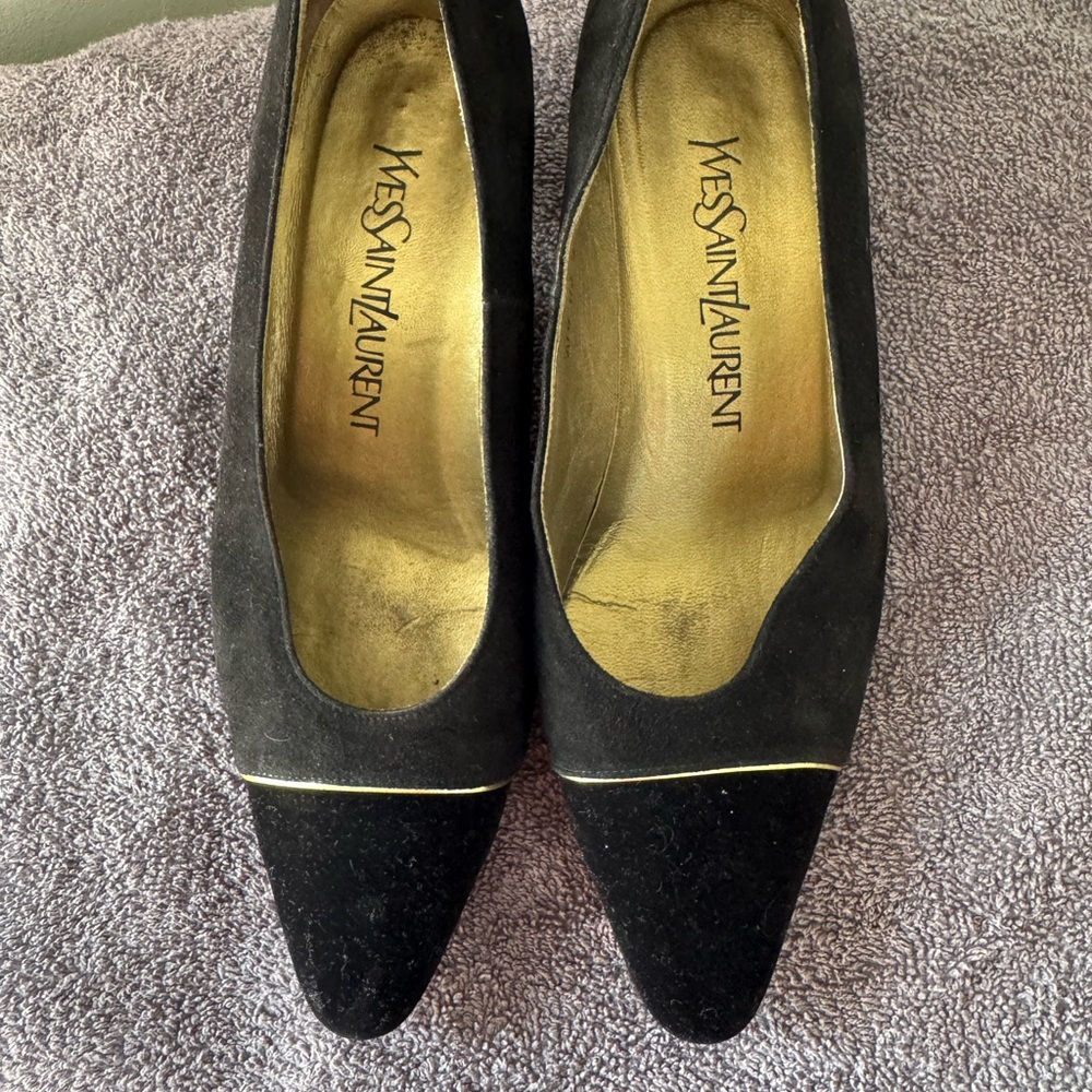 Yves Saint Laurent Black Suede Pointed Pumps with Gold Trim